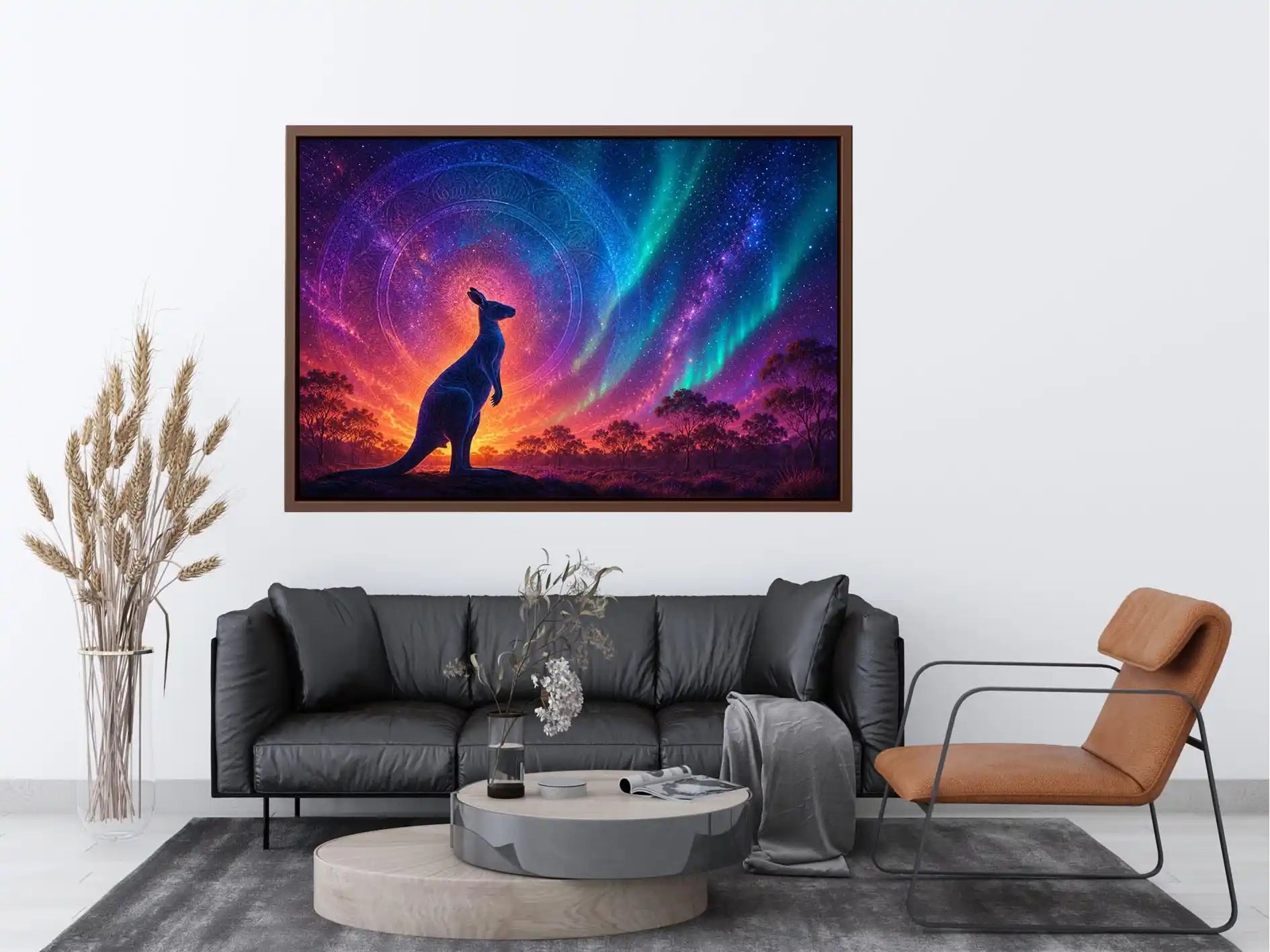 Aurora kangaroo canvas art for dreamy boho bedroom wall decor.