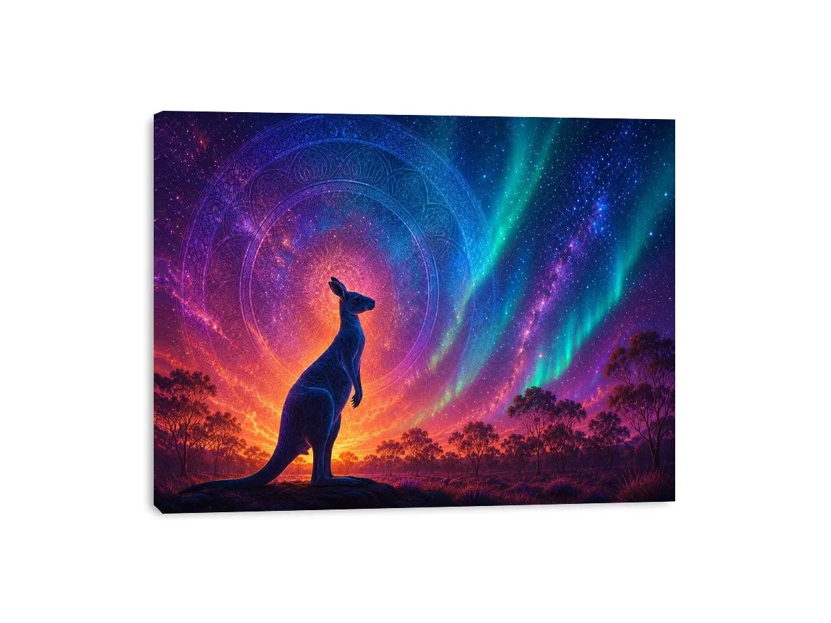 Aurora kangaroo canvas art for dreamy boho bedroom wall decor.