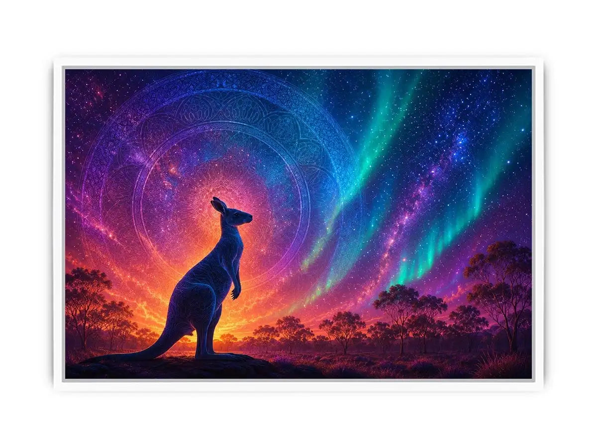 Aurora kangaroo canvas art for dreamy boho bedroom wall decor.