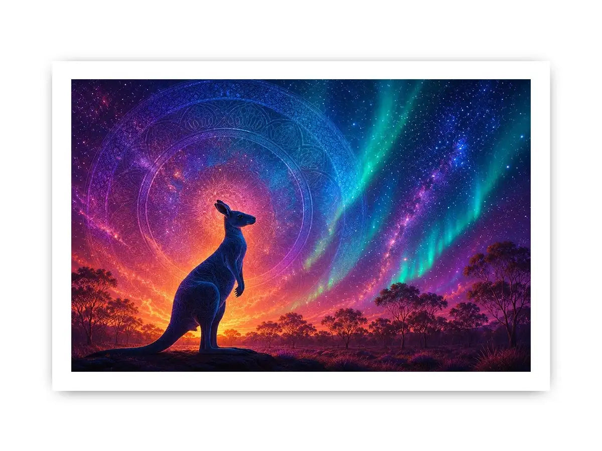 Aurora kangaroo canvas art for dreamy boho bedroom wall decor.