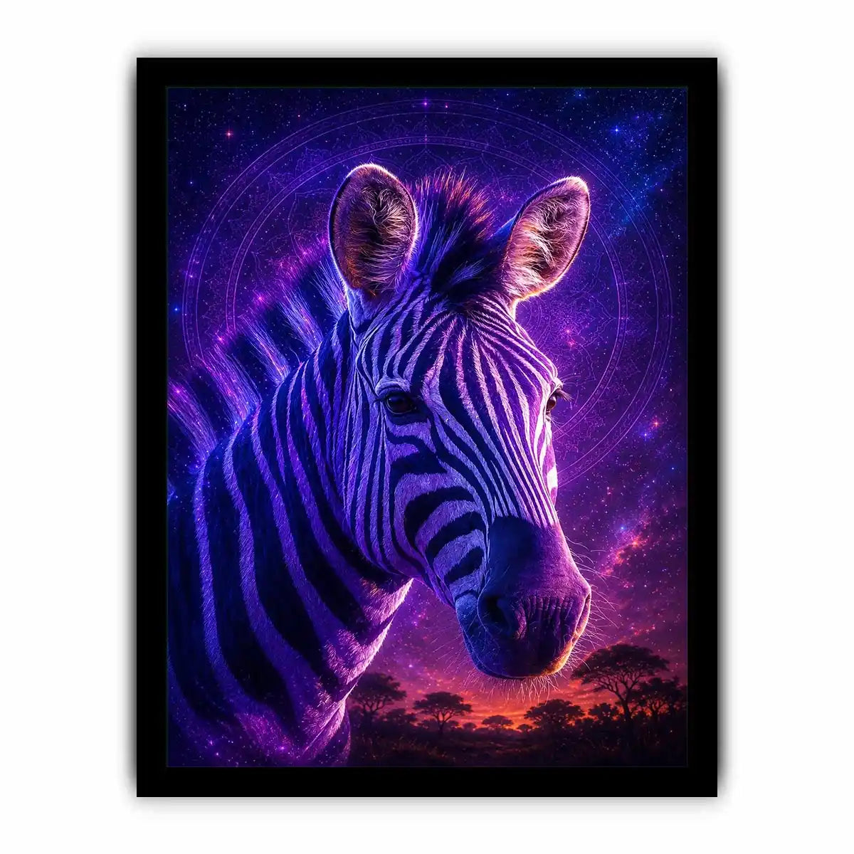 Purple zebra portrait canvas art for bold modern living room decor.
