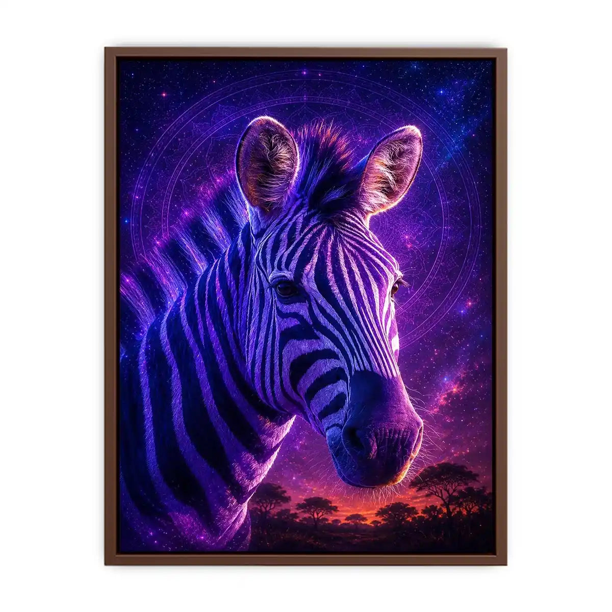 Purple zebra portrait canvas art for bold modern living room decor.