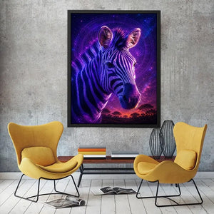 Purple zebra portrait canvas art for bold modern living room decor.