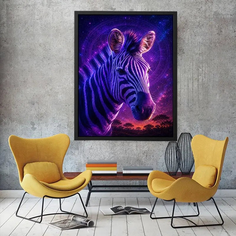Purple zebra portrait canvas art for bold modern living room decor.