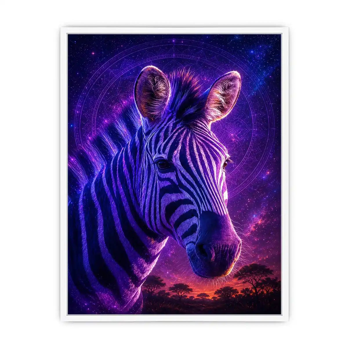 Purple zebra portrait canvas art for bold modern living room decor.