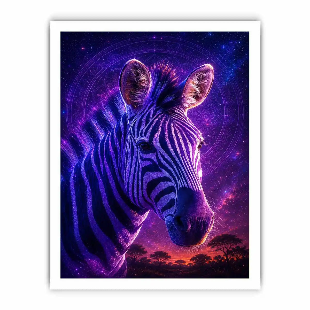 Purple zebra portrait canvas art for bold modern living room decor.
