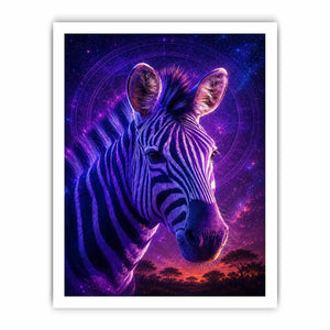 Purple zebra portrait canvas art for bold modern living room decor.