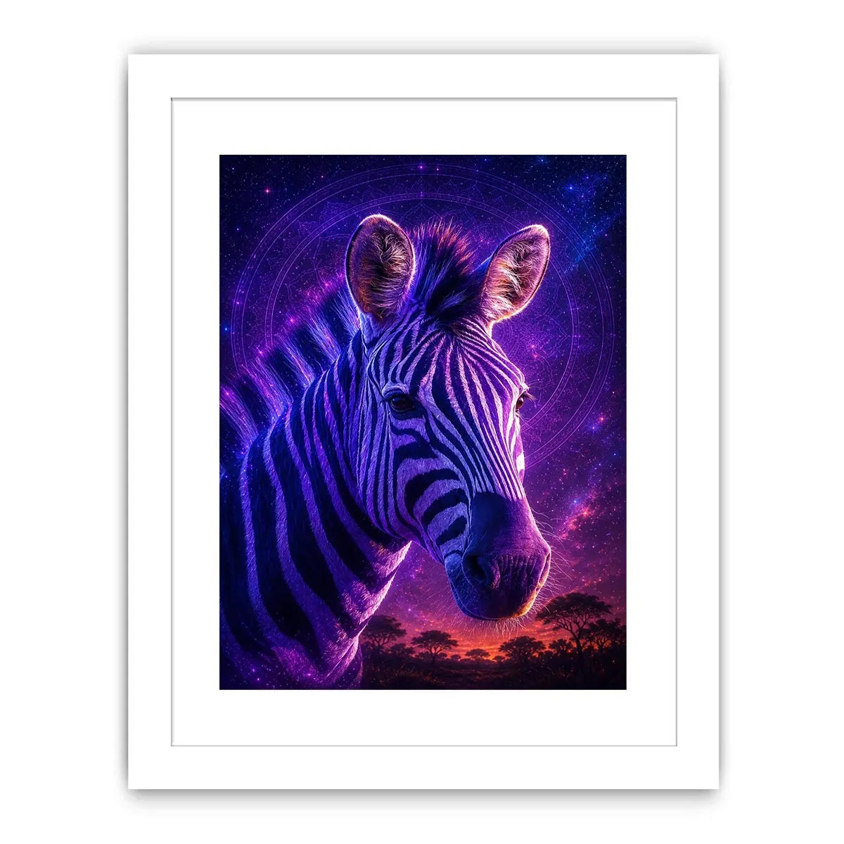 Purple zebra portrait canvas art for bold modern living room decor.