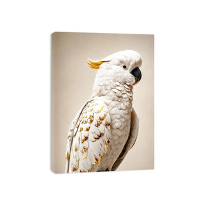 White cockatoo canvas print with gold accents for elegant room decor.