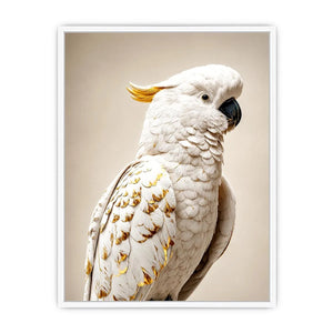 White cockatoo canvas print with gold accents for elegant room decor.