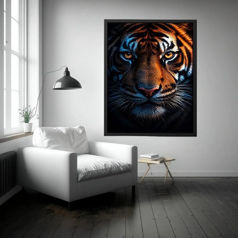 Dramatic tiger portrait canvas art for bold modern office decor.