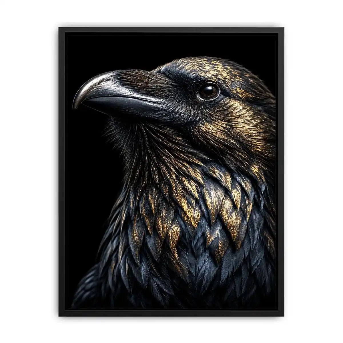 Black raven portrait artwork with gold accents for sophisticated office decor.