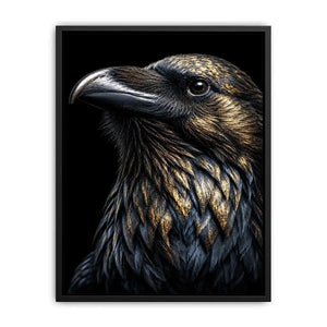 Black raven portrait artwork with gold accents for sophisticated office decor.