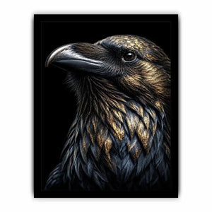 Black raven portrait artwork with gold accents for sophisticated office decor.