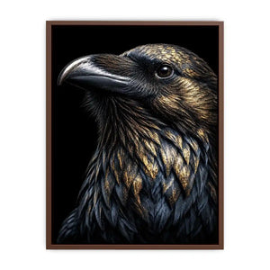 Black raven portrait artwork with gold accents for sophisticated office decor.