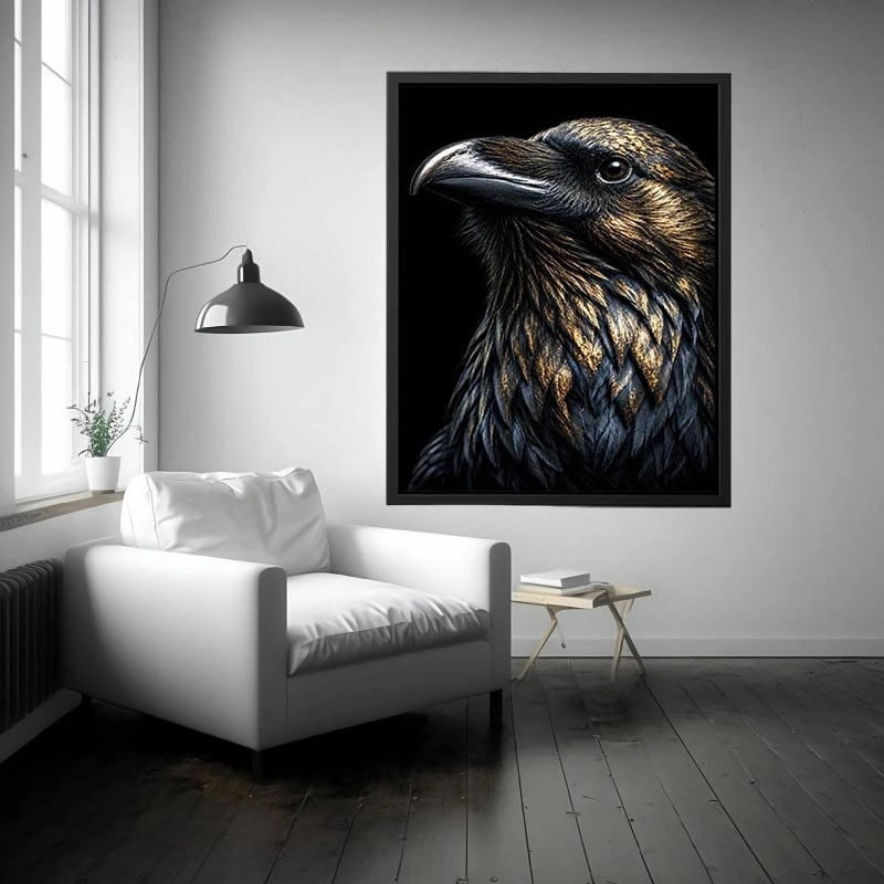 Black raven portrait artwork with gold accents for sophisticated office decor.