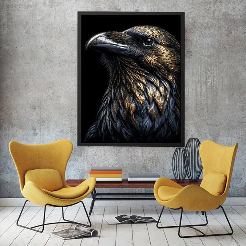 Black raven portrait artwork with gold accents for sophisticated office decor.