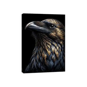 Black raven portrait artwork with gold accents for sophisticated office decor.