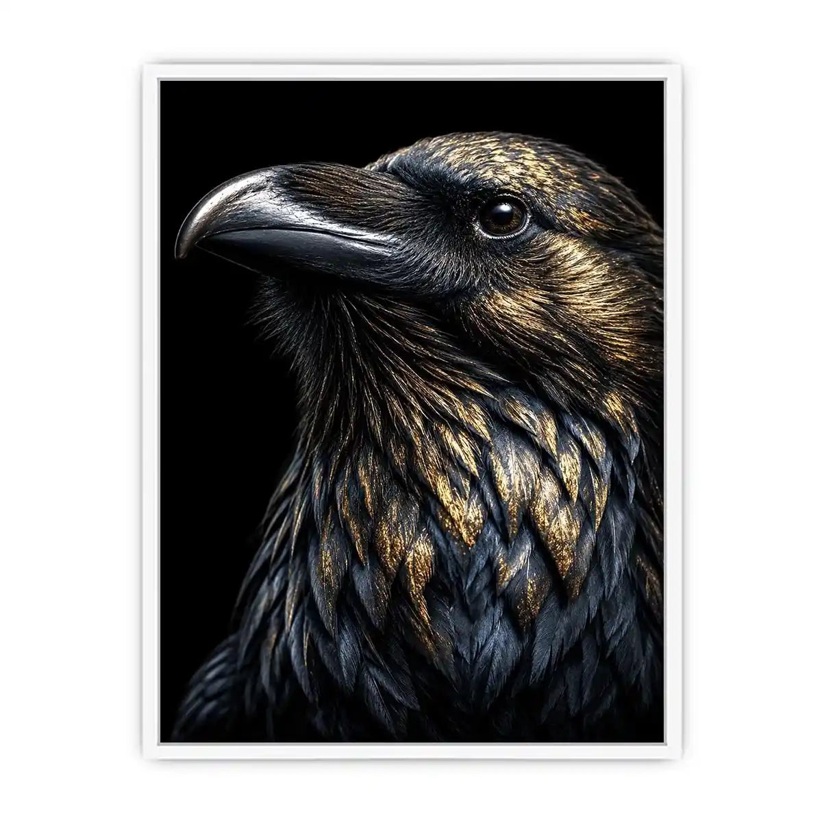 Black raven portrait artwork with gold accents for sophisticated office decor.