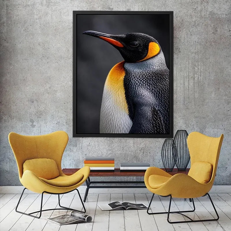 King penguin portrait canvas print for clean modern bedroom decor.