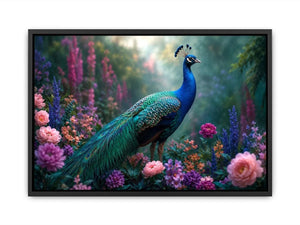 Peacock garden canvas art with pastel florals for elegant bedroom decor.