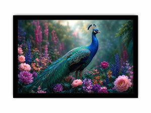 Peacock garden canvas art with pastel florals for elegant bedroom decor.