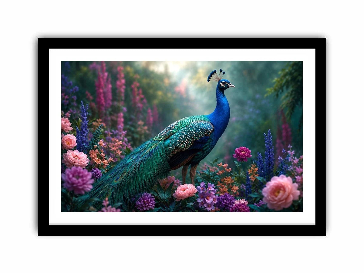 Peacock garden canvas art with pastel florals for elegant bedroom decor.