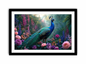Peacock garden canvas art with pastel florals for elegant bedroom decor.