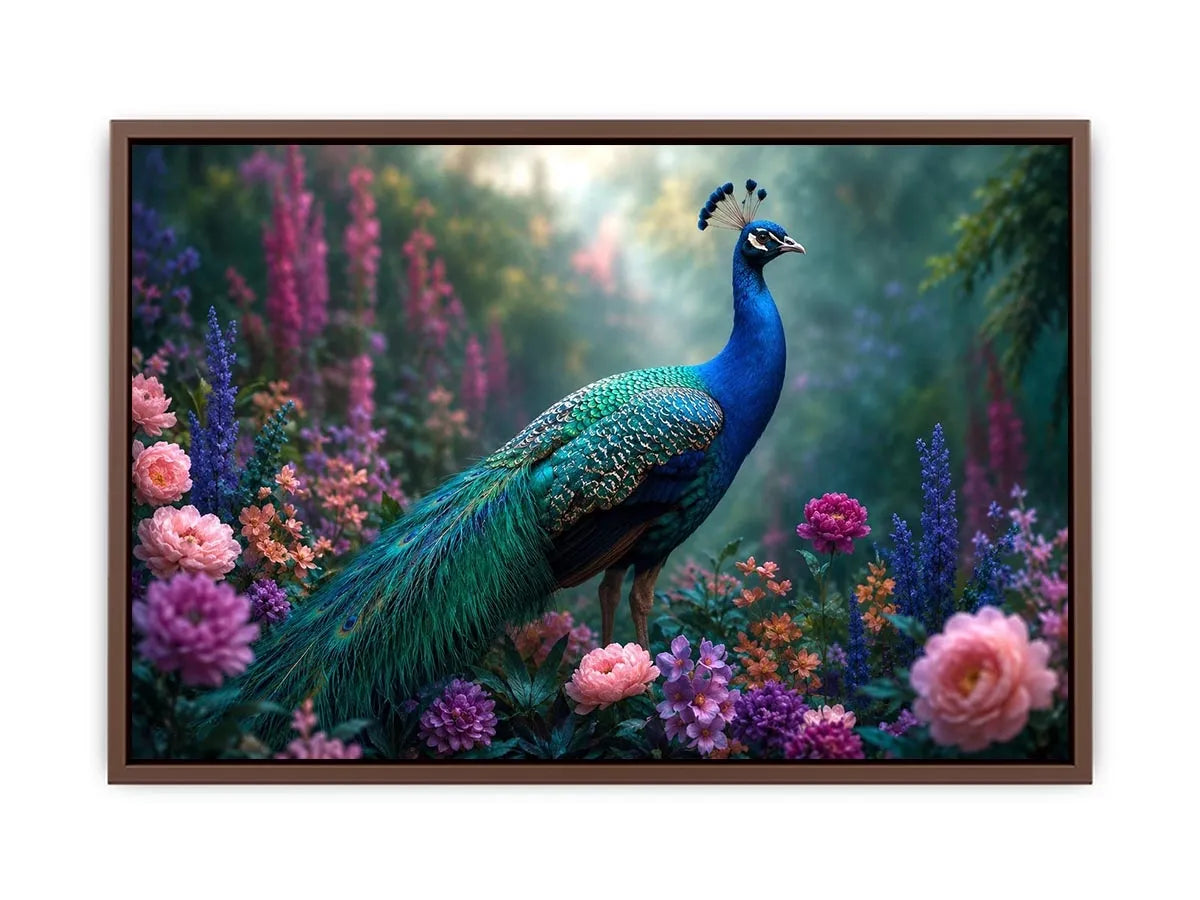 Peacock garden canvas art with pastel florals for elegant bedroom decor.