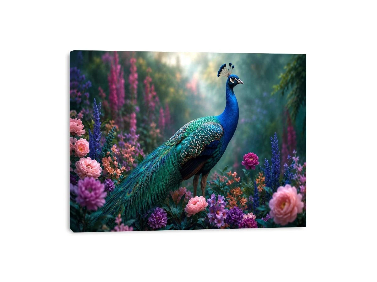 Peacock garden canvas art with pastel florals for elegant bedroom decor.