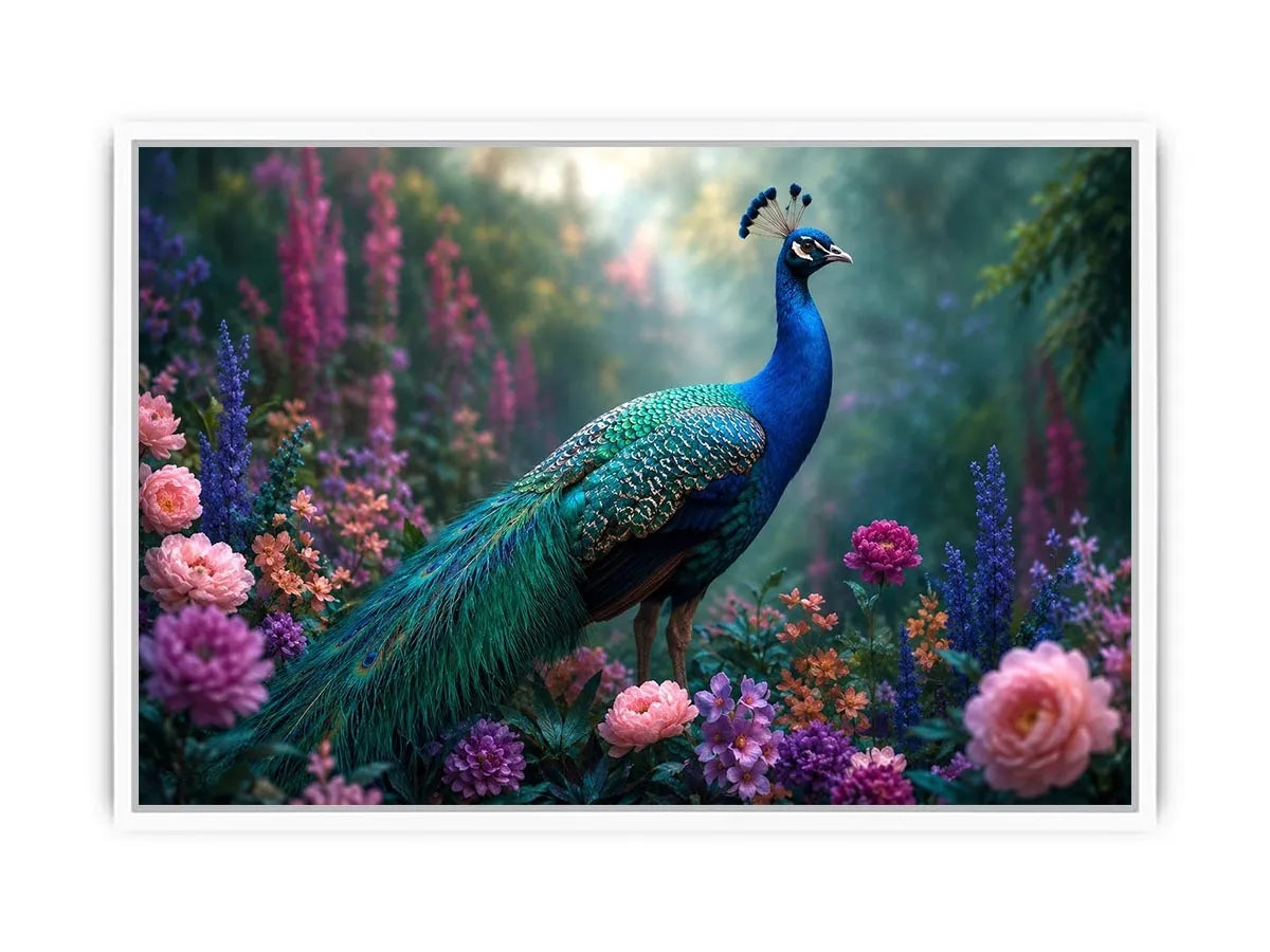 Peacock garden canvas art with pastel florals for elegant bedroom decor.