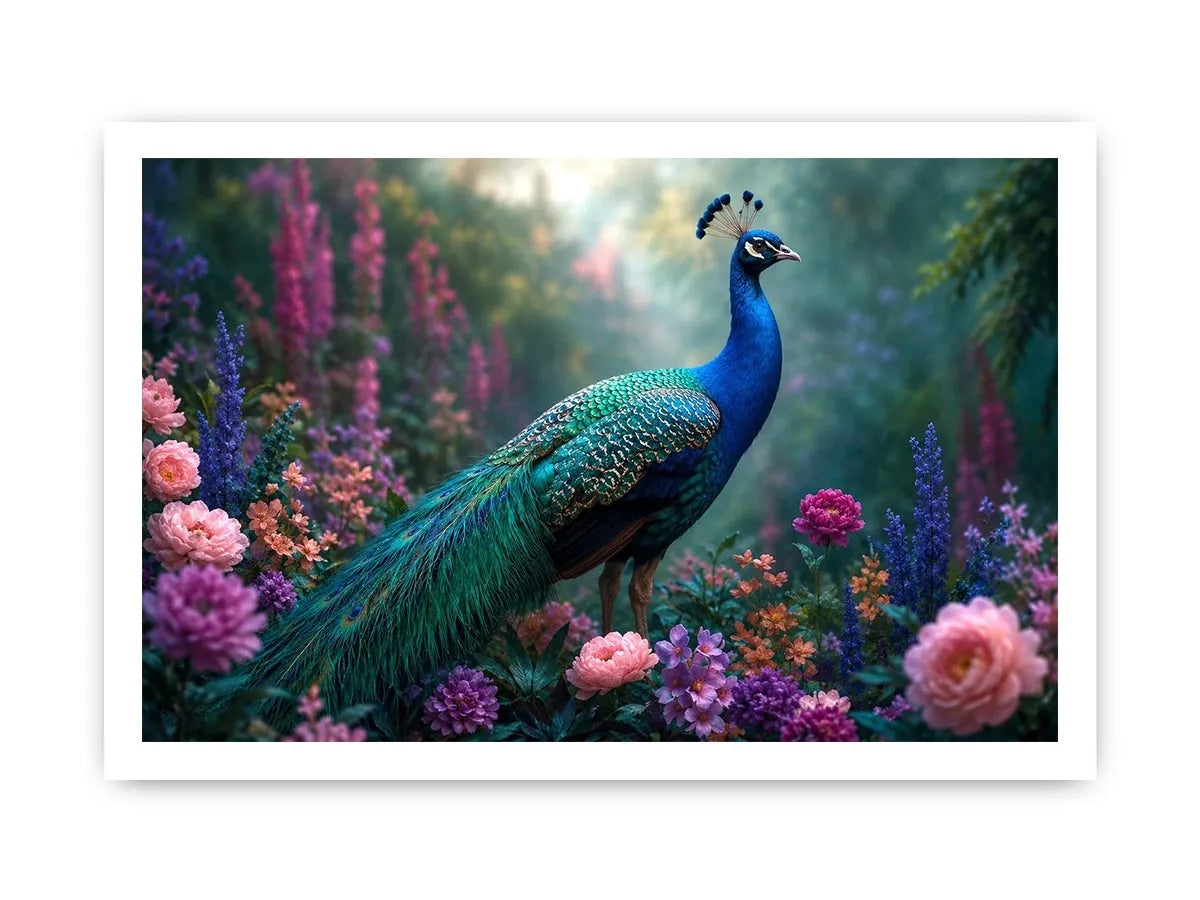 Peacock garden canvas art with pastel florals for elegant bedroom decor.