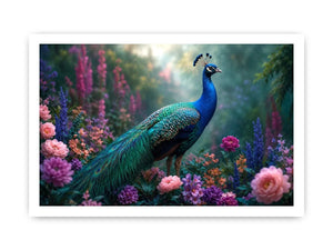 Peacock garden canvas art with pastel florals for elegant bedroom decor.