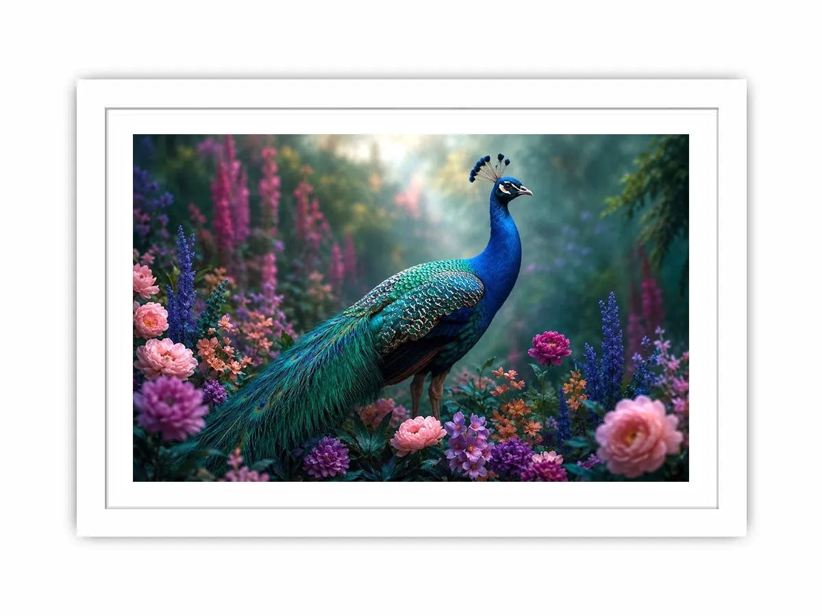 Peacock garden canvas art with pastel florals for elegant bedroom decor.