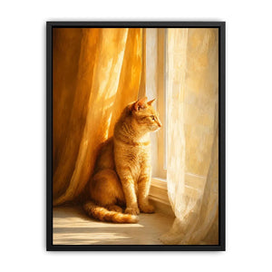 Orange cat window canvas art for cozy warm bedroom decor.