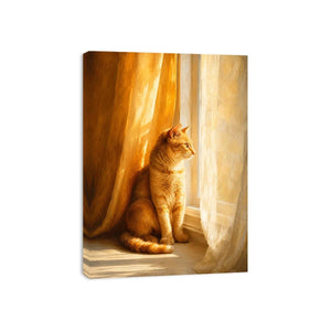 Orange cat window canvas art for cozy warm bedroom decor.