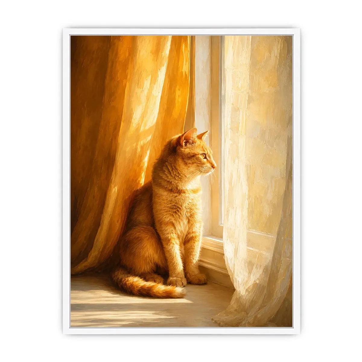 Orange cat window canvas art for cozy warm bedroom decor.