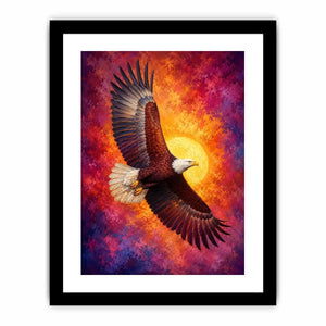 Bald eagle canvas artwork with crimson sky for bold office decor.