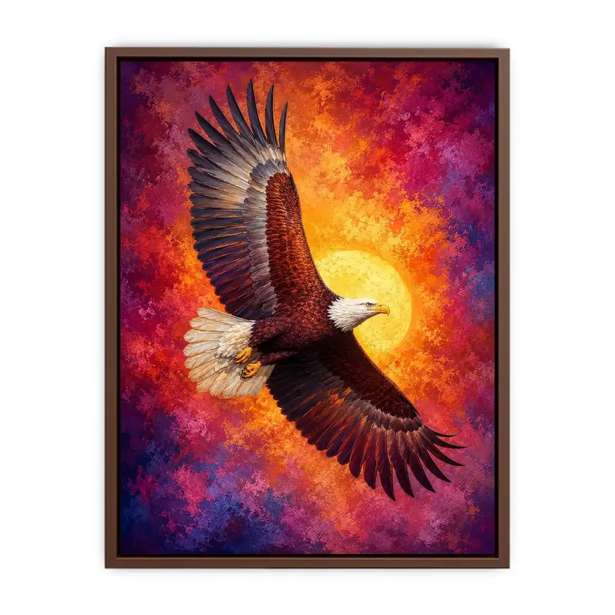 Bald eagle canvas artwork with crimson sky for bold office decor.