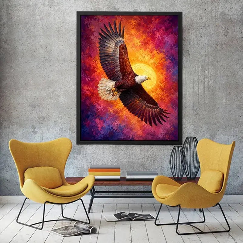 Bald eagle canvas artwork with crimson sky for bold office decor.