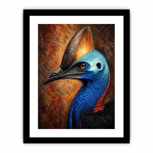 Cassowary portrait wall art with vivid color for eclectic office decor.