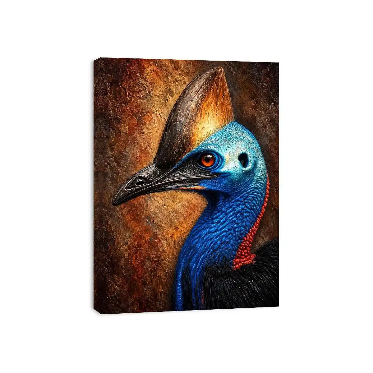 Cassowary portrait wall art with vivid color for eclectic office decor.
