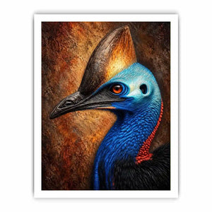 Cassowary portrait wall art with vivid color for eclectic office decor.