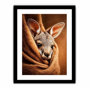 Baby kangaroo canvas art in warm earthy tones for cozy nursery decor.