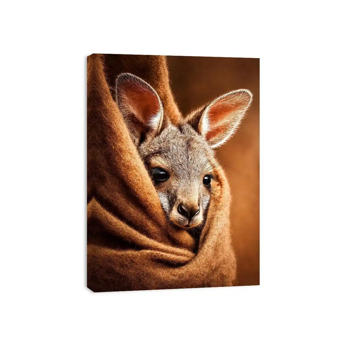 Baby kangaroo canvas art in warm earthy tones for cozy nursery decor.
