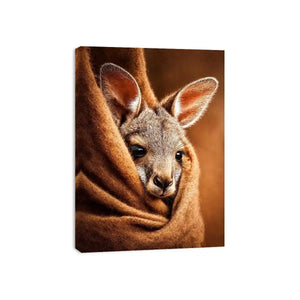 Baby kangaroo canvas art in warm earthy tones for cozy nursery decor.