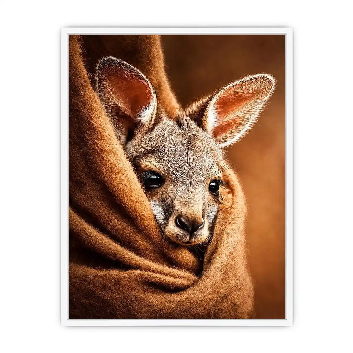 Baby kangaroo canvas art in warm earthy tones for cozy nursery decor.