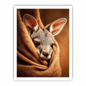 Baby kangaroo canvas art in warm earthy tones for cozy nursery decor.