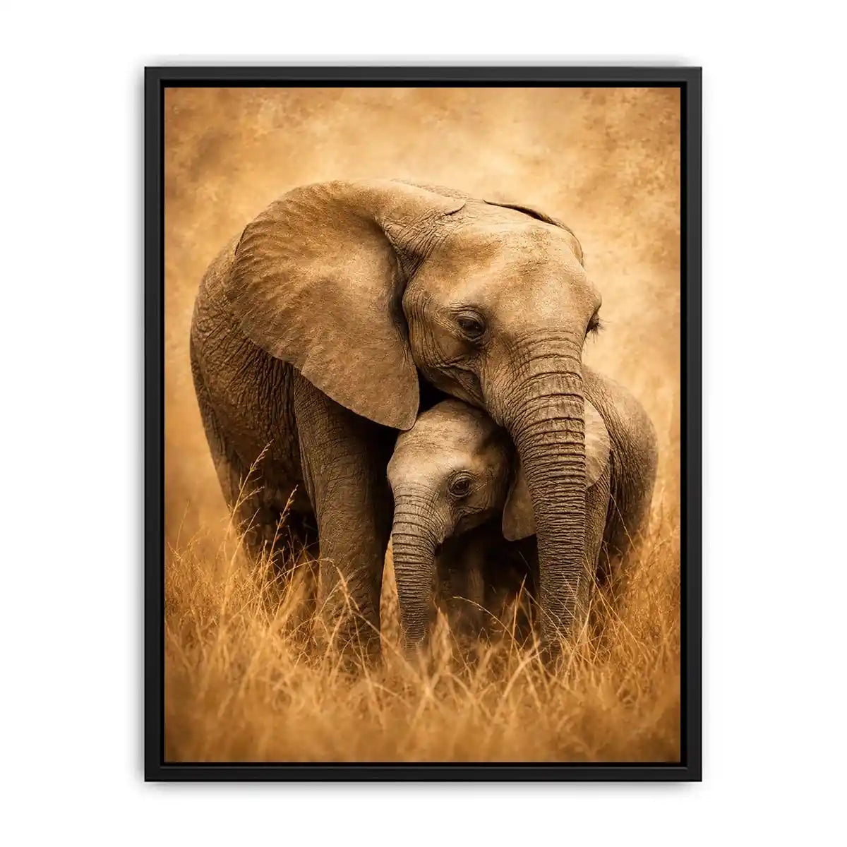Warm elephant family canvas art in earthy tones for living room decor.