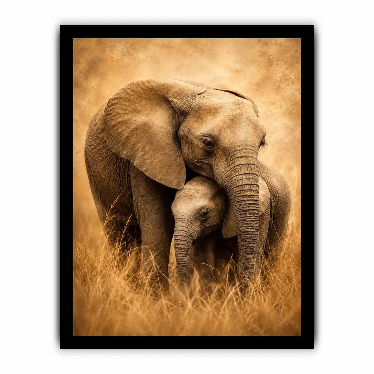 Warm elephant family canvas art in earthy tones for living room decor.